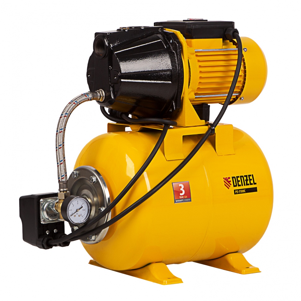 Насосная станция PS1100С, 1100 Вт, 4500 л/ч, ресивер 24 л, подъем 46 м, чугун// Denzel Насосная станция PS1100С, 1100 Вт, 4500 л/ч, ресивер 24 л, подъем 46 м, чугун// Denzel