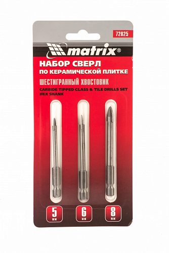 Набор сверл по керамической плитке, 5 - 6 - 8мм, шестигранный хвостовик// Matrix Набор сверл по керамической плитке, 5 - 6 - 8мм, шестигранный хвостовик// Matrix